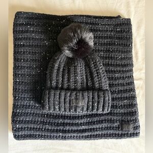 DKNY Women’s Ribbed Hat & Infinity Scarf Set | Black and White Speckled